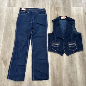 Red Snap Jeans Mens 34x32 Blue Denim Outfit Large Vest Selvedge Pants VTG 70s